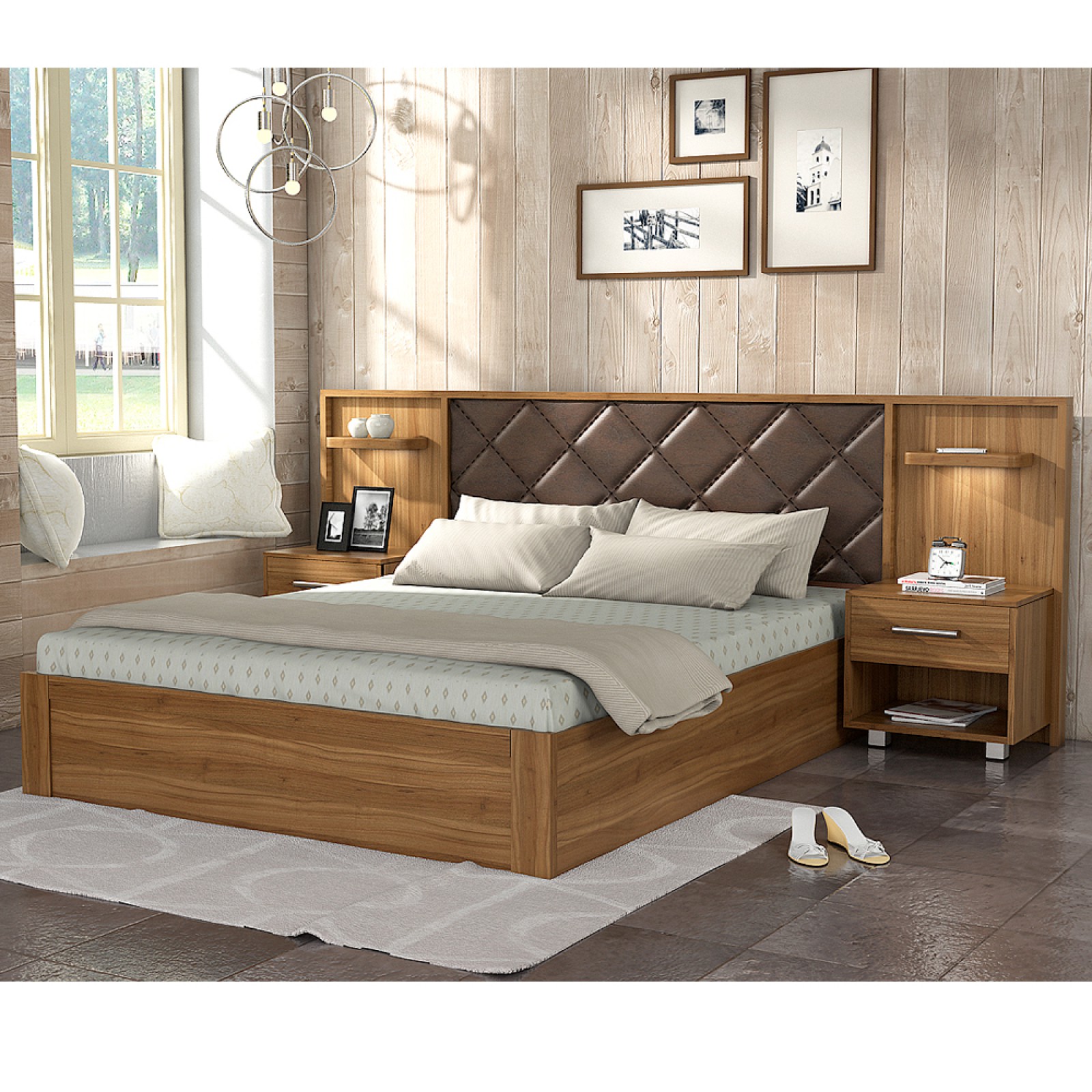 Ashton Queen Bed 3/4lift Storage 2 Bedside Natural Teak